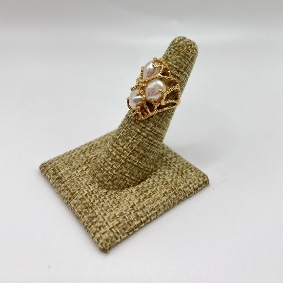 Vintage 14K Gold Baroque Pearl & Diamond Coral Style Ring – Size 4.75 - Picture 5 of 9